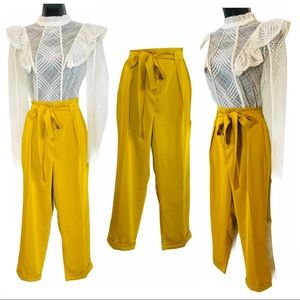 Golden Yellow Satin Cuffed Ankle Trouser Pants  2
